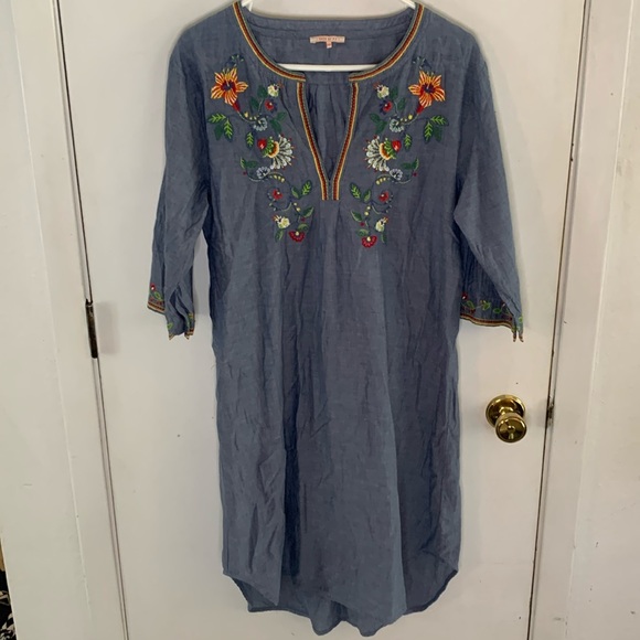 Pip Studio blue denim chambray midi embroidered dress, 3/4 sleeves Size XXL - Picture 1 of 9